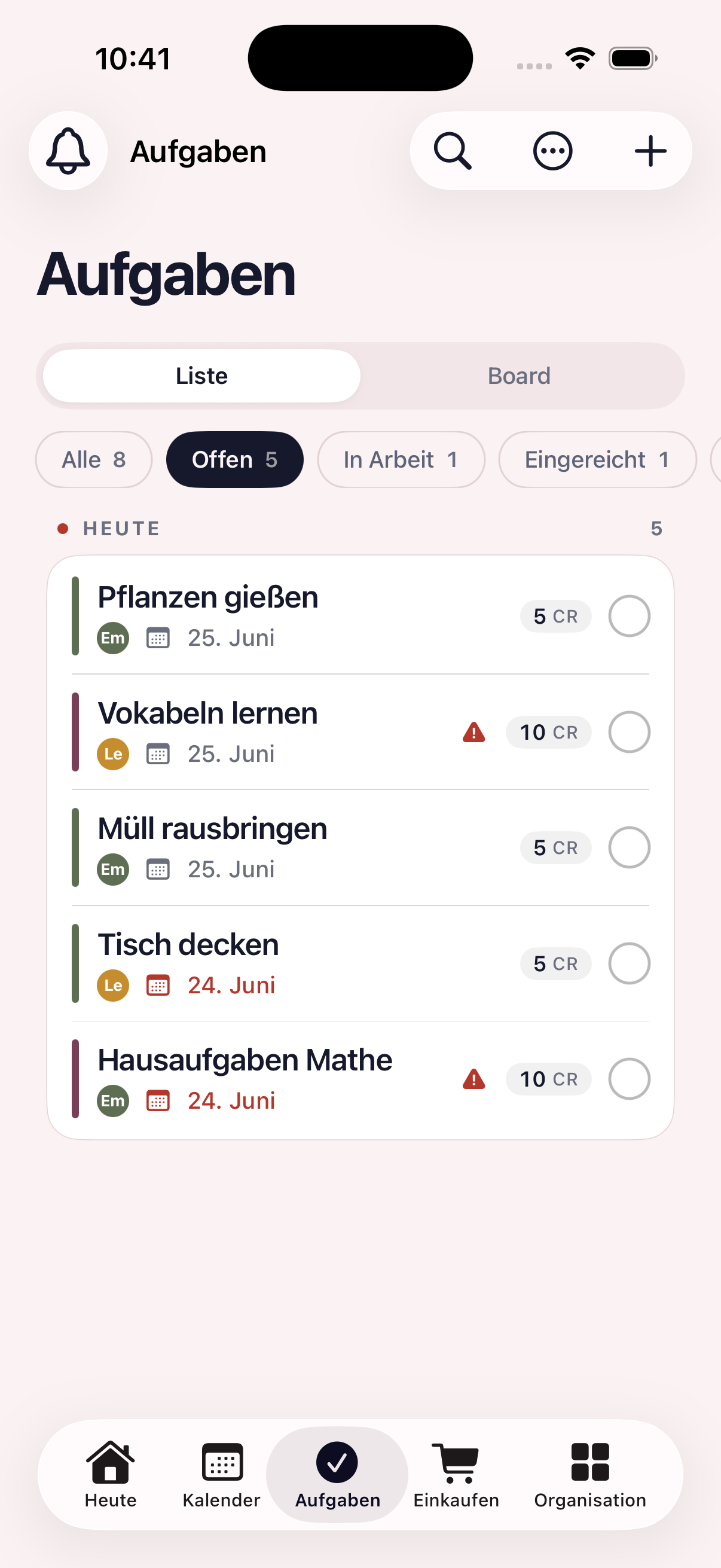 Aufgaben-Ansicht mit Wiederholungen und Credits für Kinder