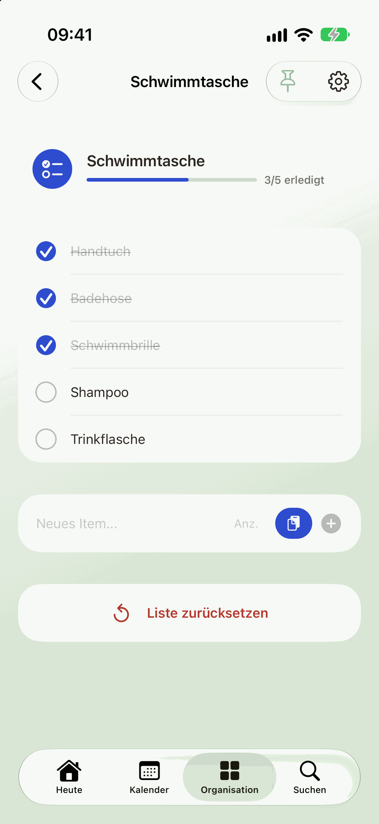 Originalansicht einer geteilten Checkliste in der FamilyManager-App, drei von fünf Punkten abgehakt