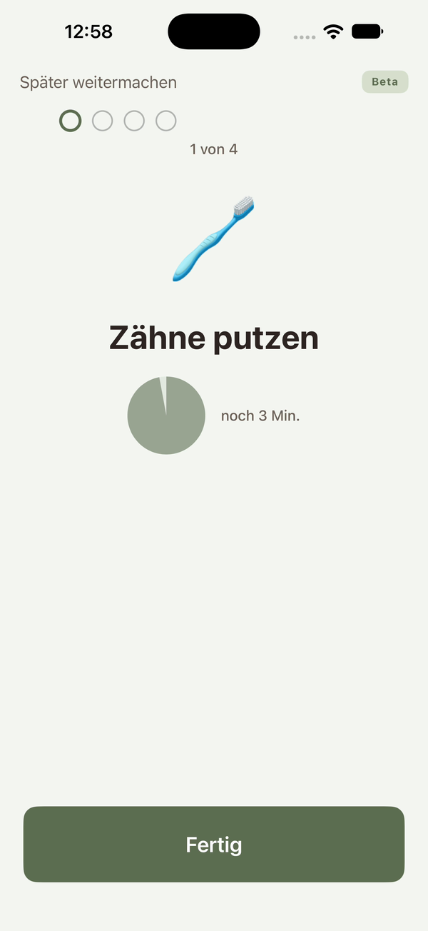 Originalansicht des Kindermodus „Jetzt“ in der FamilyManager-App: der Schritt „Zähne putzen“ mit laufendem Timer, Beispieldaten