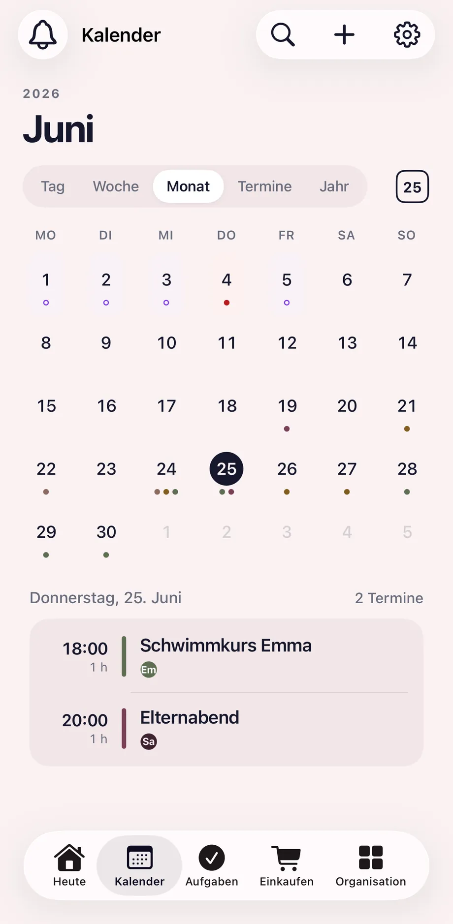 FamilyManager-Kalender mit farbig zugeordneten Terminen