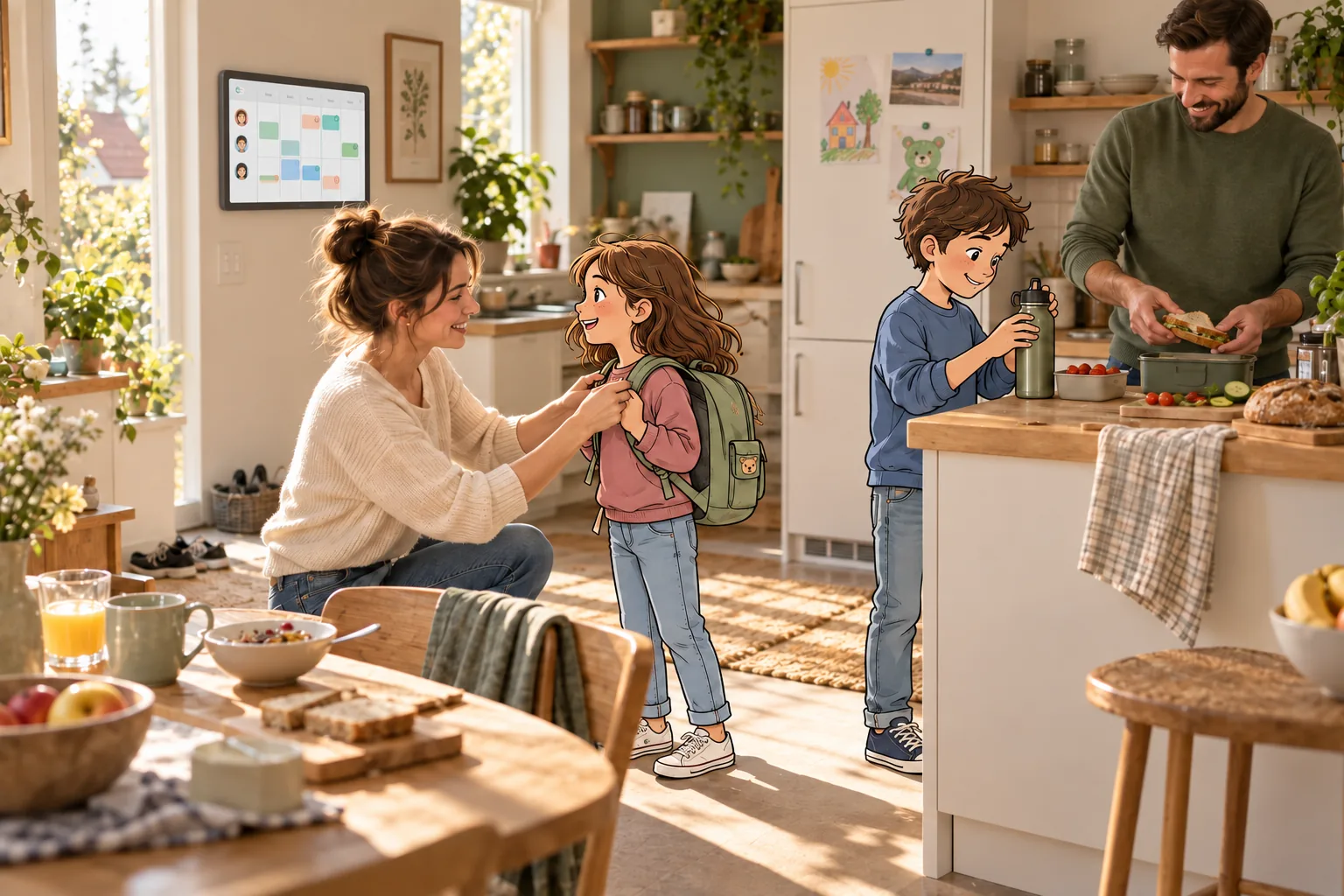 Ein Morgen in der Küche: Die Eltern bereiten gemeinsam mit ihren gezeichneten Kindern den Tag vor. An der Wand hängt der Familienplaner.