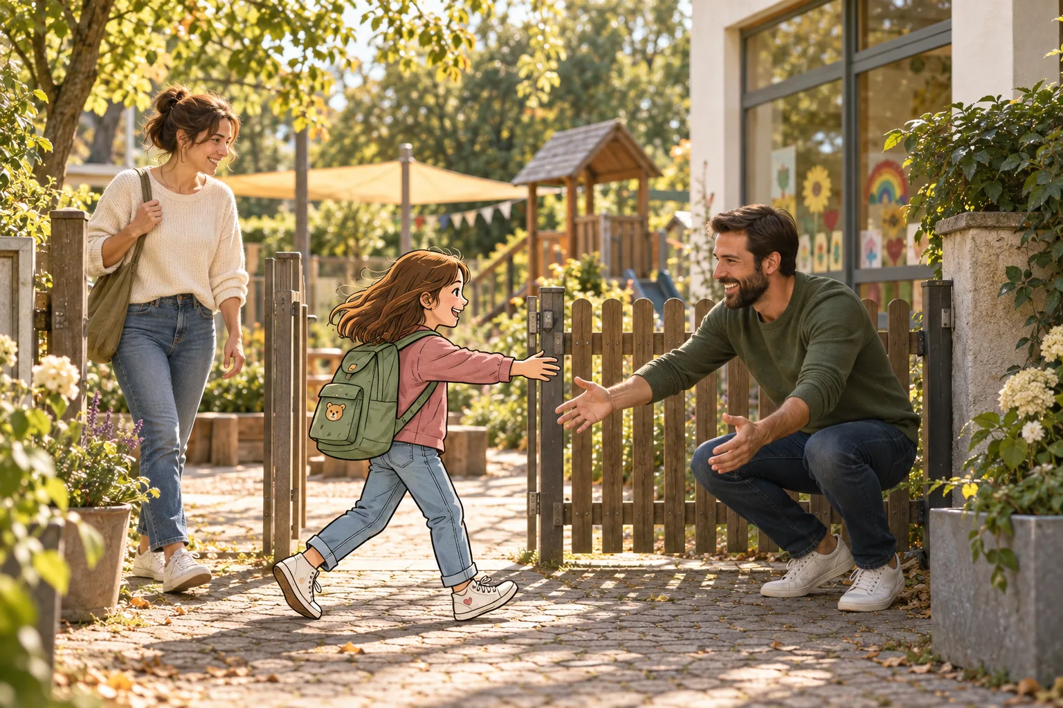 Ein gezeichnetes Mädchen wird am Kita-Tor von seinem Vater begrüßt; eine erwachsene Frau steht daneben.
