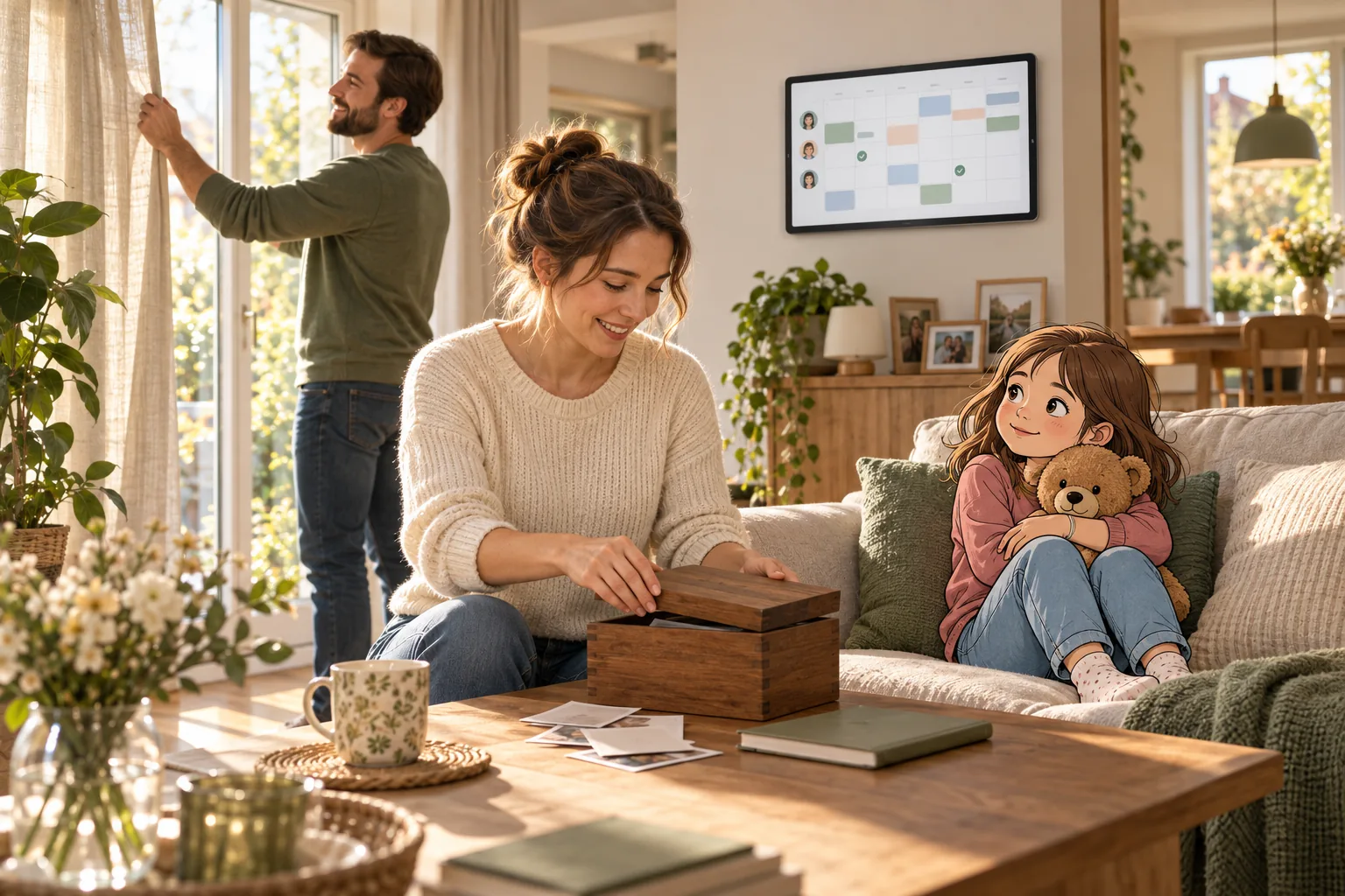 Die Mutter schließt eine Erinnerungsbox, die gezeichnete Tochter sitzt mit ihrem Teddy auf dem Sofa.